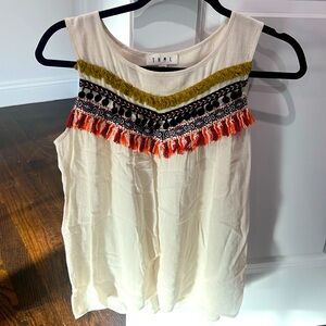 THML linen like top with colorful design/tassles